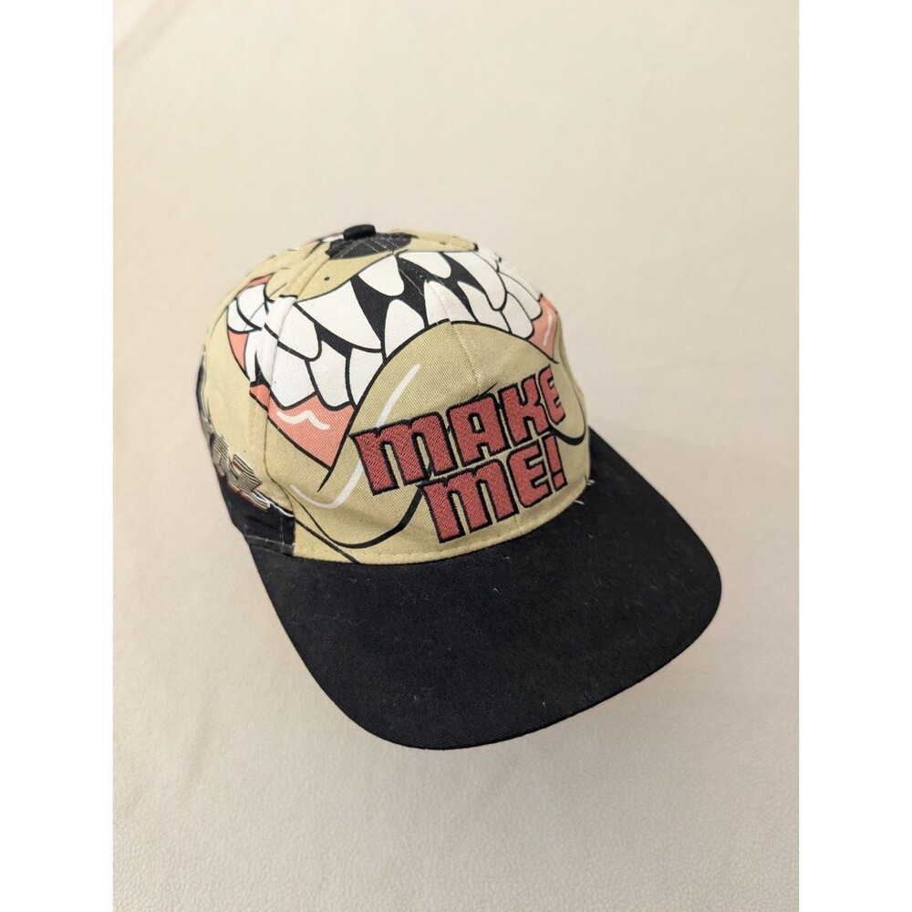 Rare Vtg 1997 Taz Make Me! Looney Tunes SnapBack Hat Tazmanian Devil AOP Warner